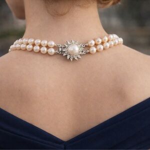 Faux Pearl Double Strand Necklace 16” w/ Rhinestone Clasp – Classic & Elegant